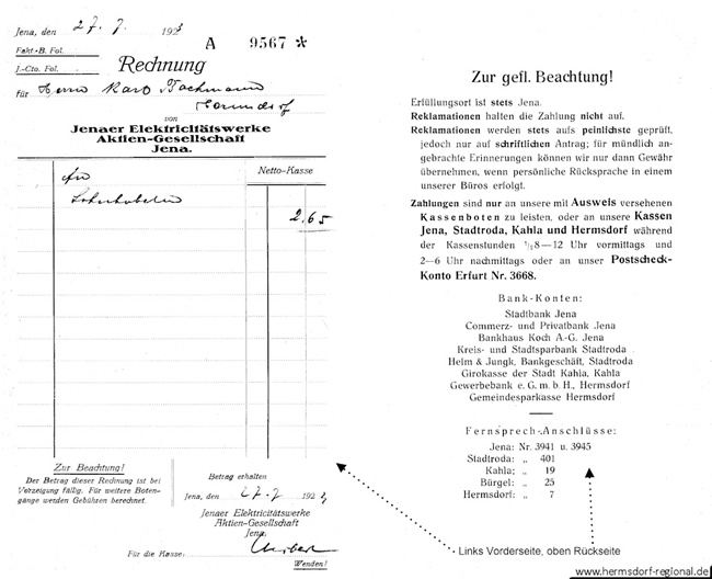 Rechnung vom 27.07.1923, das E-Werk war in Eigentum der Jenaer Elektrizitätswerke AG übergegeangen.